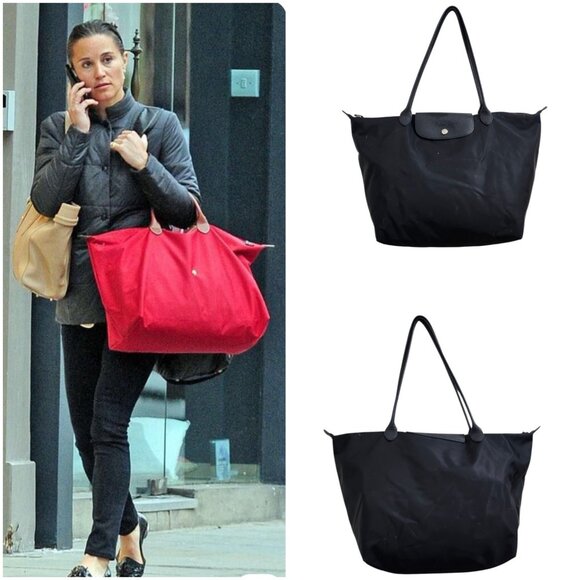 Longchamp Le Pliage Large Nylon Tote Bag Black Leather Trim Shoulder Purse - Picture 16 of 16